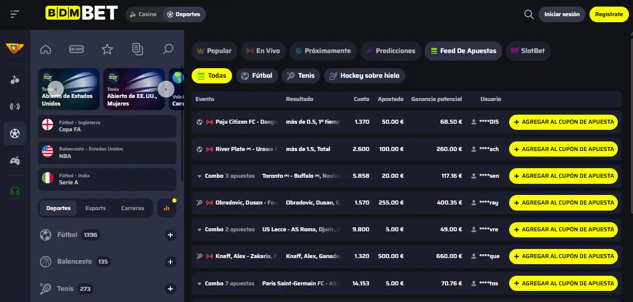 Interfaz de apuestas deportivas de BDMbet con eventos y mercados visibles