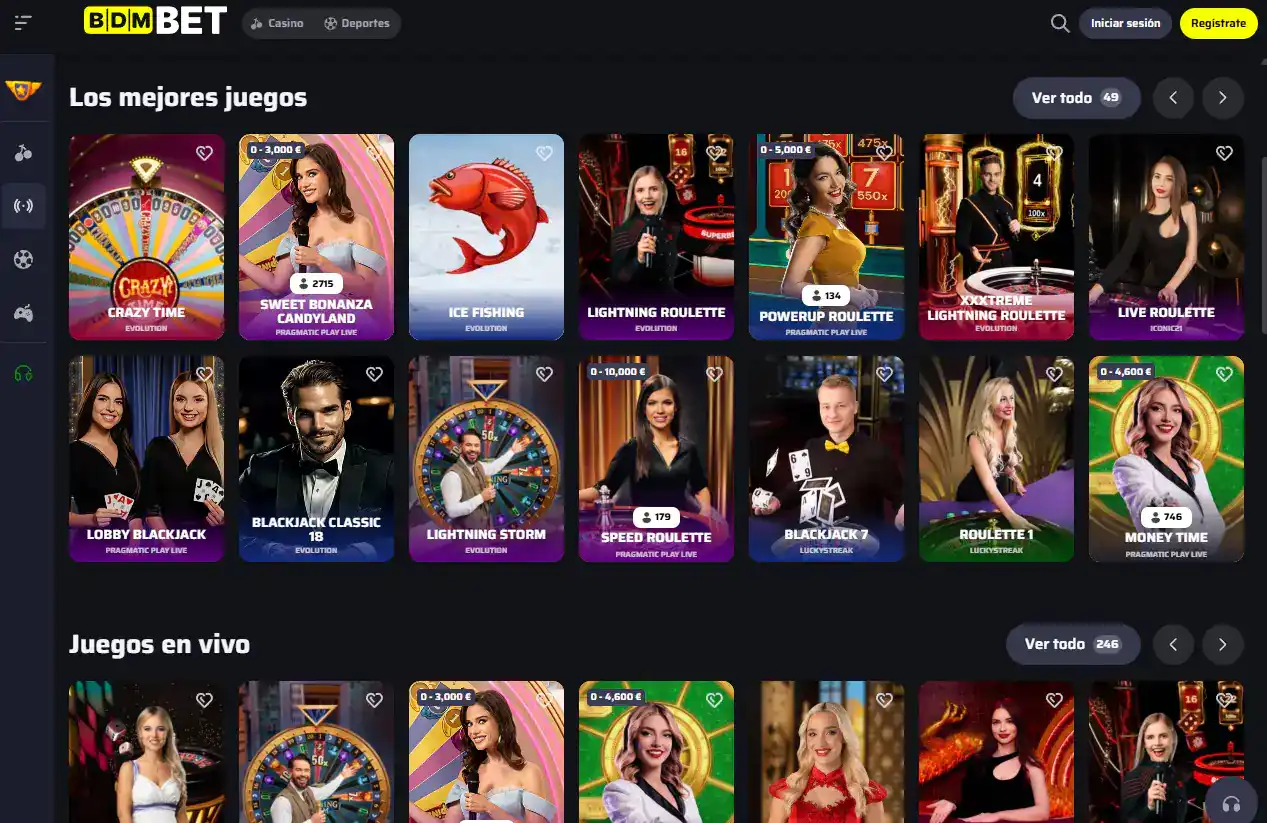 Sección de casino en vivo de BDMbet con mesas y categorías visibles