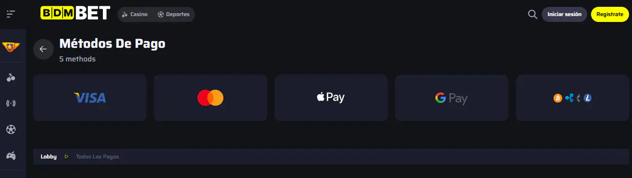 Métodos Visa, MasterCard, Apple Pay, Google Pay y Crypto mostrados en la página de pagos de BDMbet